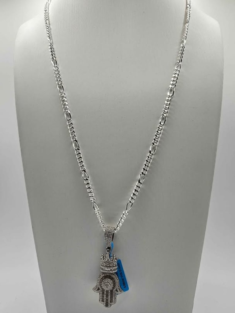 Nwt 26" Italian Silver Figaro Chain & Iced Moissanite Hamsa